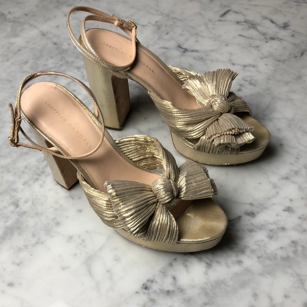 Loeffler Randall Gold Knotted Pleat Platform Sandals